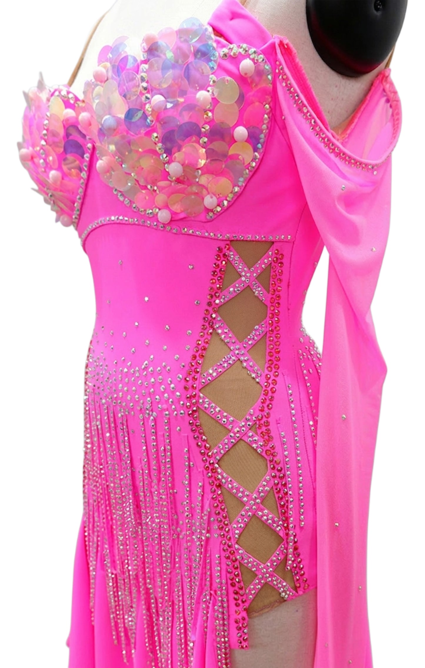 ByCharme Neon Magenta Tan Fringes Latin Salsa Competition Dress - BCL-0135