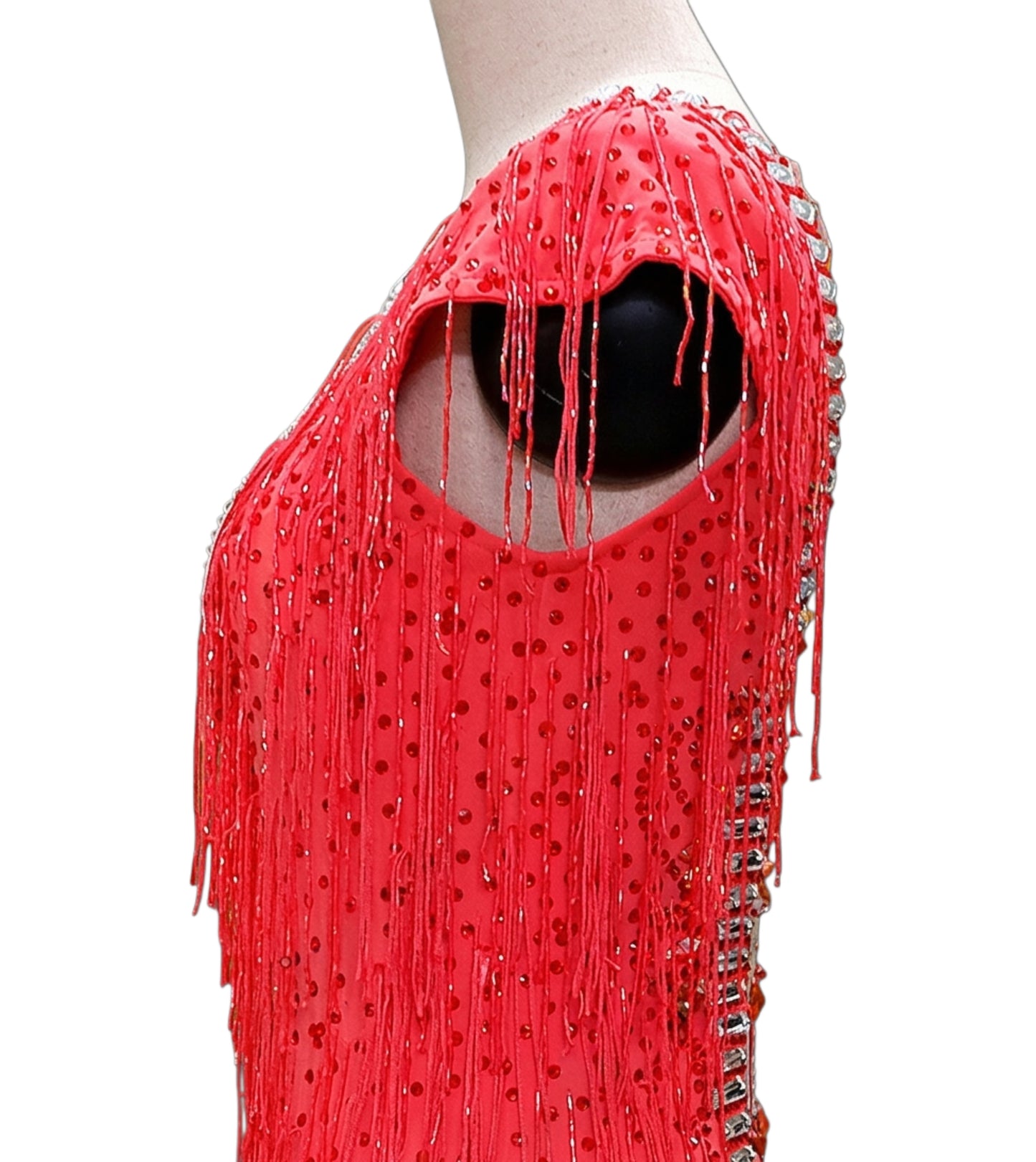 ByCharme Red Silver White Tan Fringes Latin Salsa Competition Dress - BCL-0196