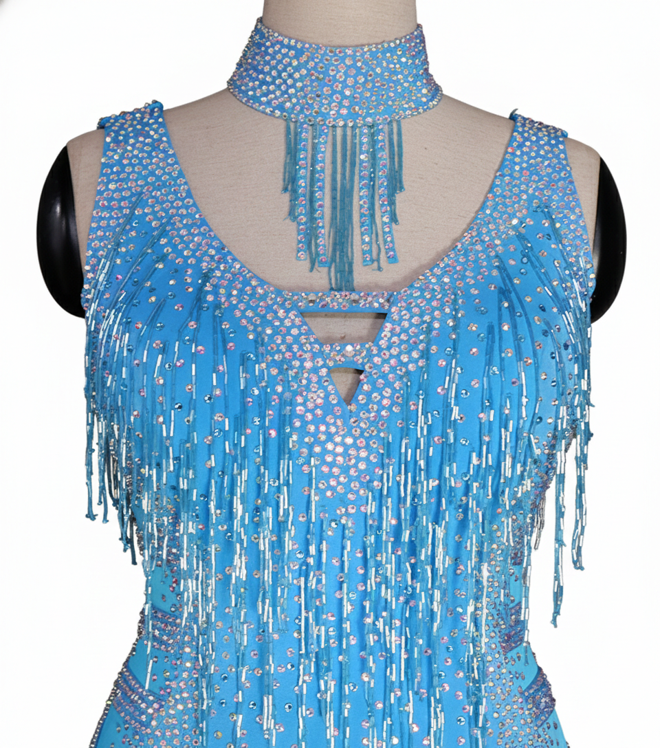 ByCharme Sky Blue Silver Fringes Latin Salsa Competition Dress - BCL-0038