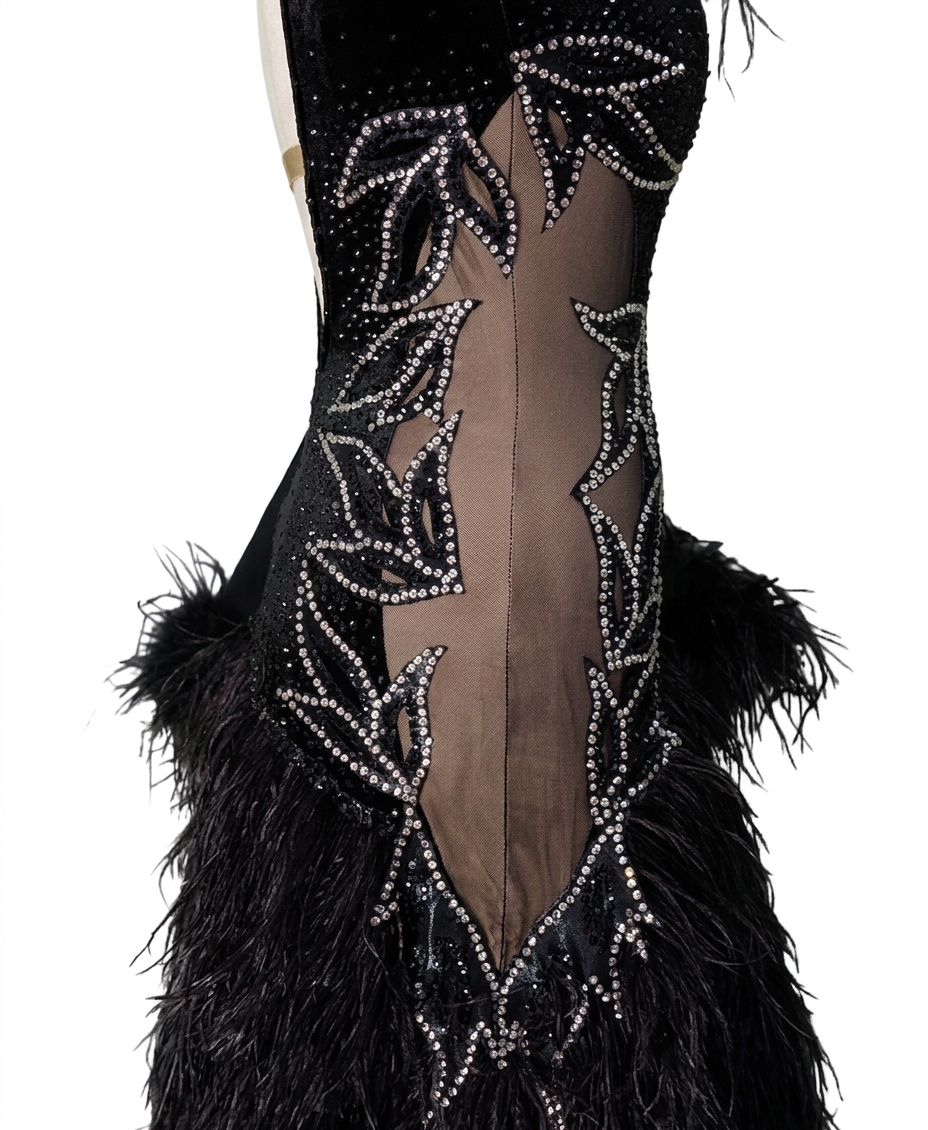 ByCharme Black Feather Ballroom Competition Dress - BC-0233