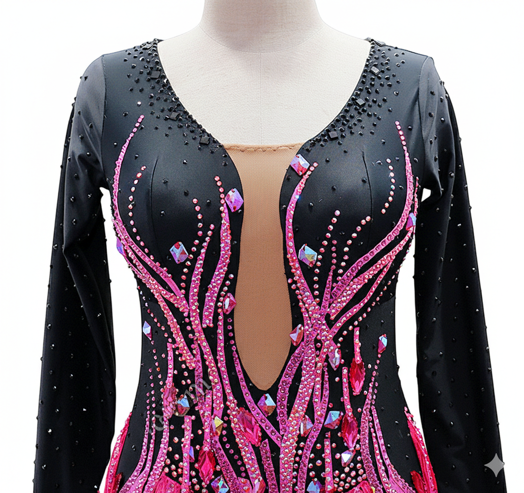 ByCharme Black Pink Brown Fringes Latin Salsa Competition Dress - BCL-0079