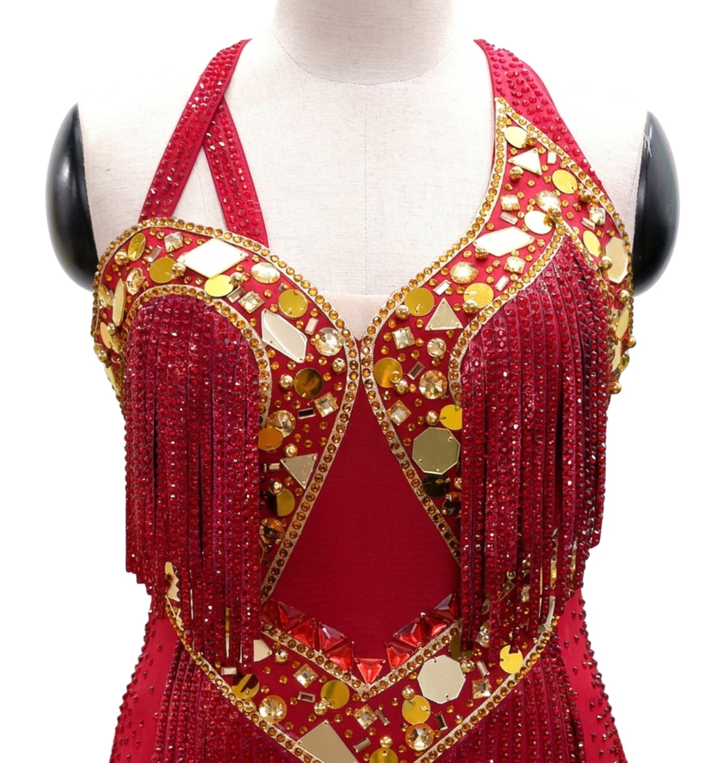 ByCharme Red Gold Fringes Latin Salsa Competition Dress - BCL-0156