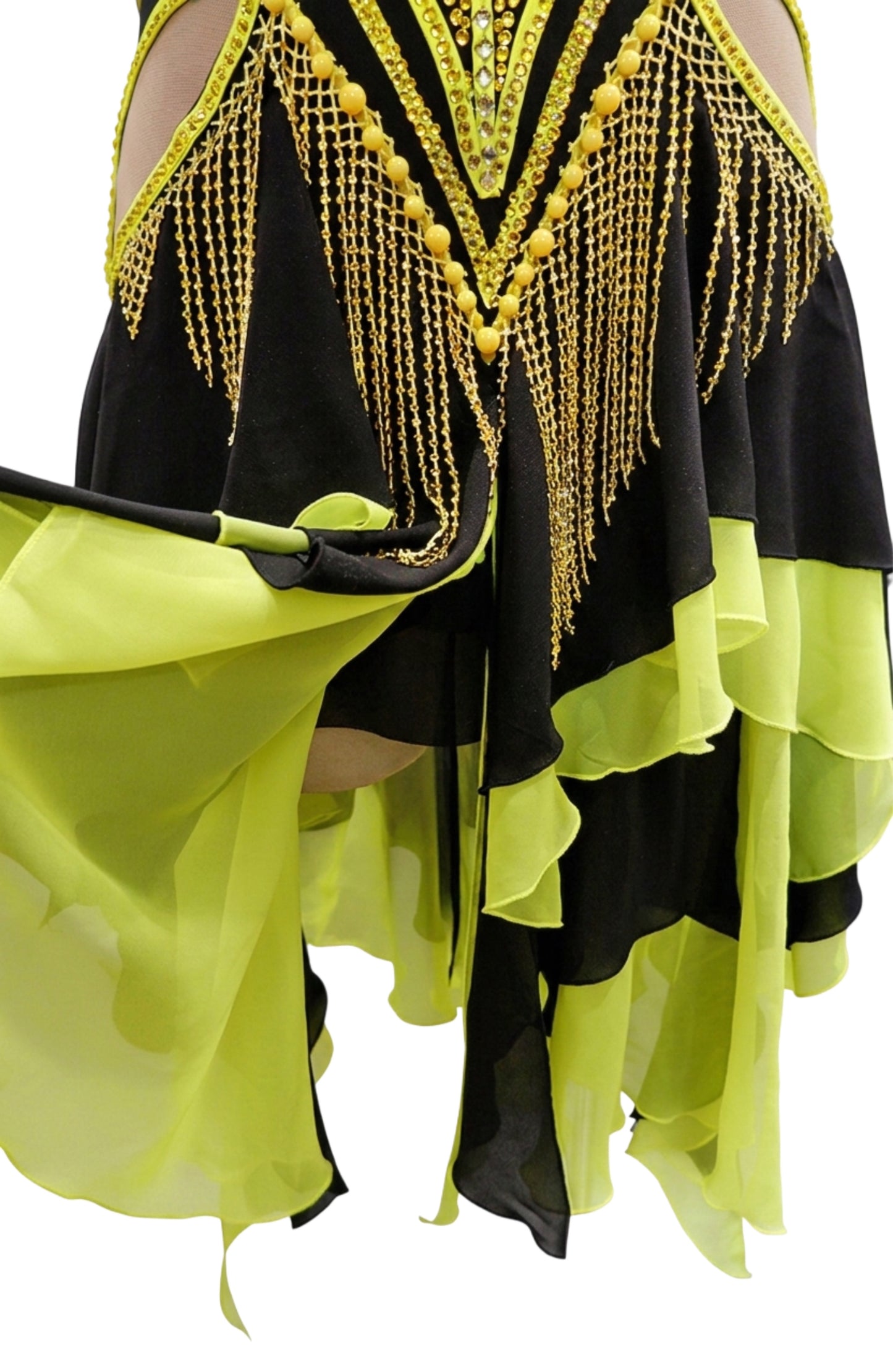 ByCharme Black Yellow Green Fringes Latin Salsa Competition Dress - BCL-0116