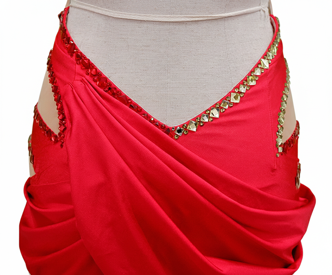 ByCharme Red Gold Tan Fringes Latin Salsa Competition Dress - BCL-0041