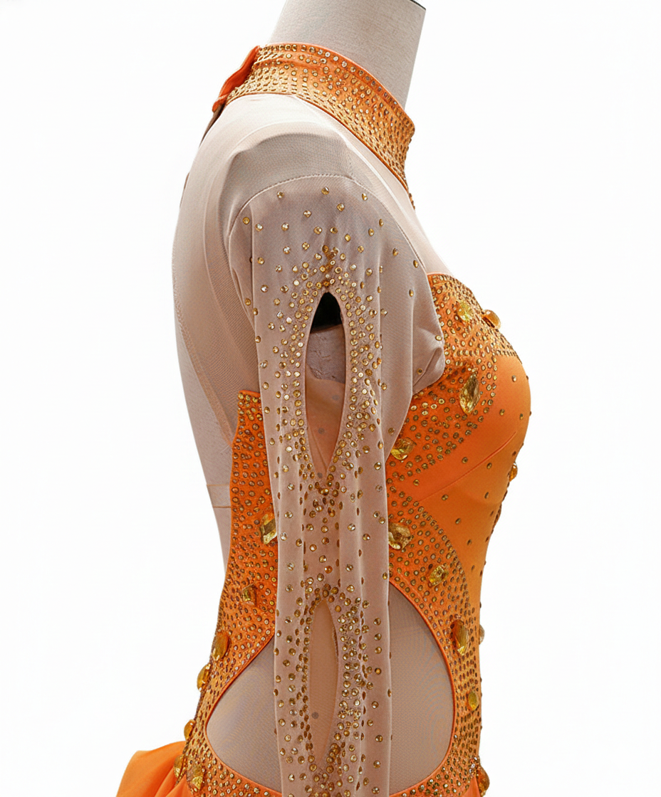 ByCharme Orange Gold Tan Chiffon Latin Salsa Competition Dress - BCL-0086