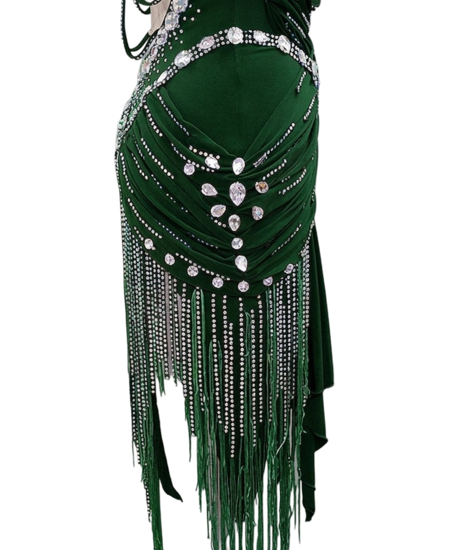 ByCharme Dark Green Silver Gold Fringes Latin Salsa Competition Dress - BCL-0186