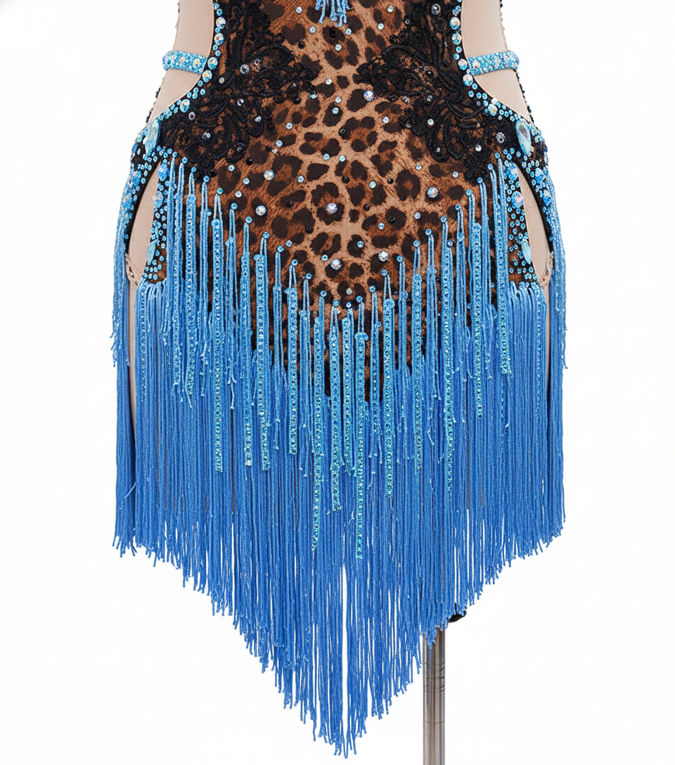 ByCharme Leopard Blue Brown Fringes Latin Salsa Competition Dress - BCL-0058