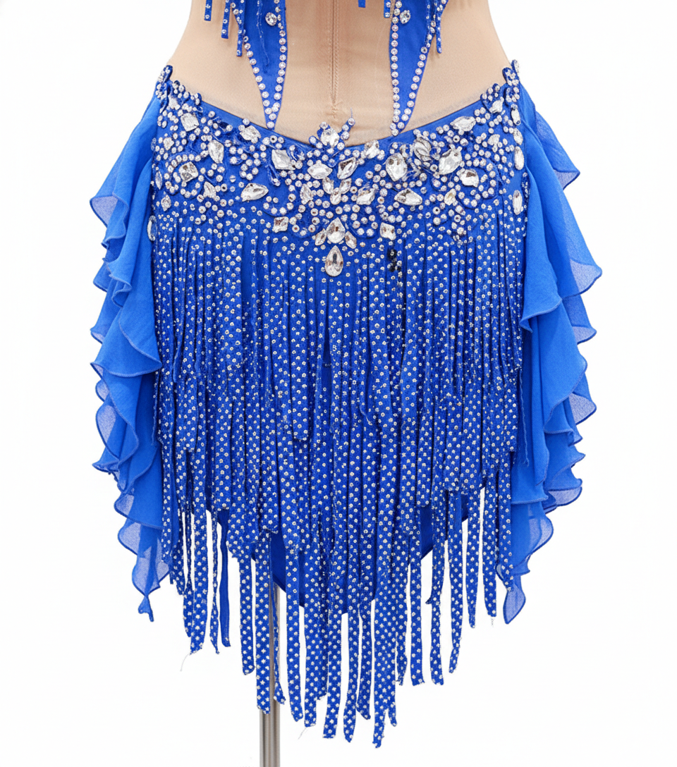 ByCharme Blue Silver Tan Fringes Latin Salsa Competition Dress - BCL-0072