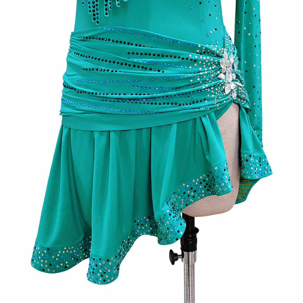 ByCharme Sea Green Brown Fringes Latin Salsa Competition Dress - BCL-0044