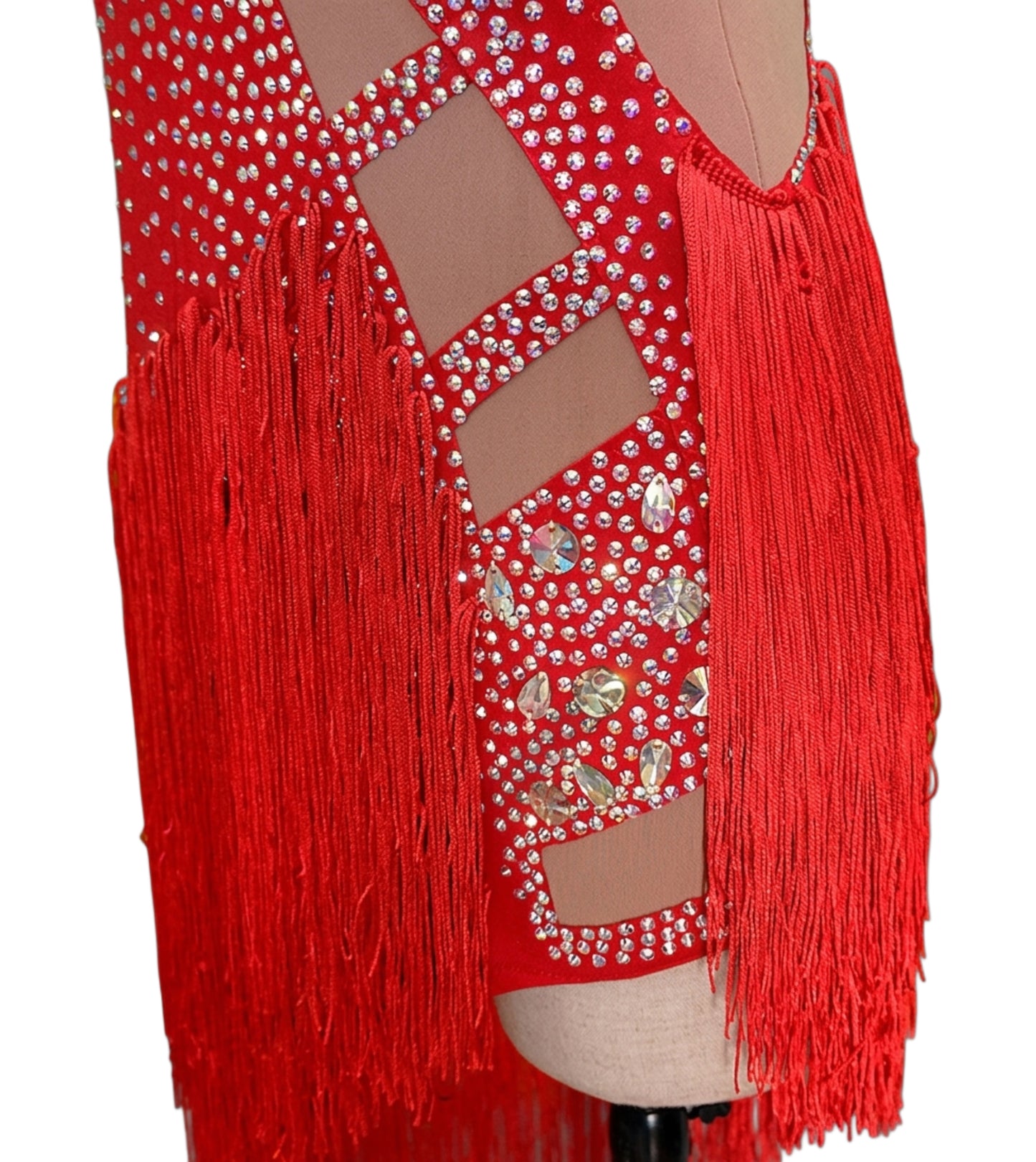 ByCharme Bright Red Light Brown Silver Fringes Latin Salsa Competition Dress - BCL-0193