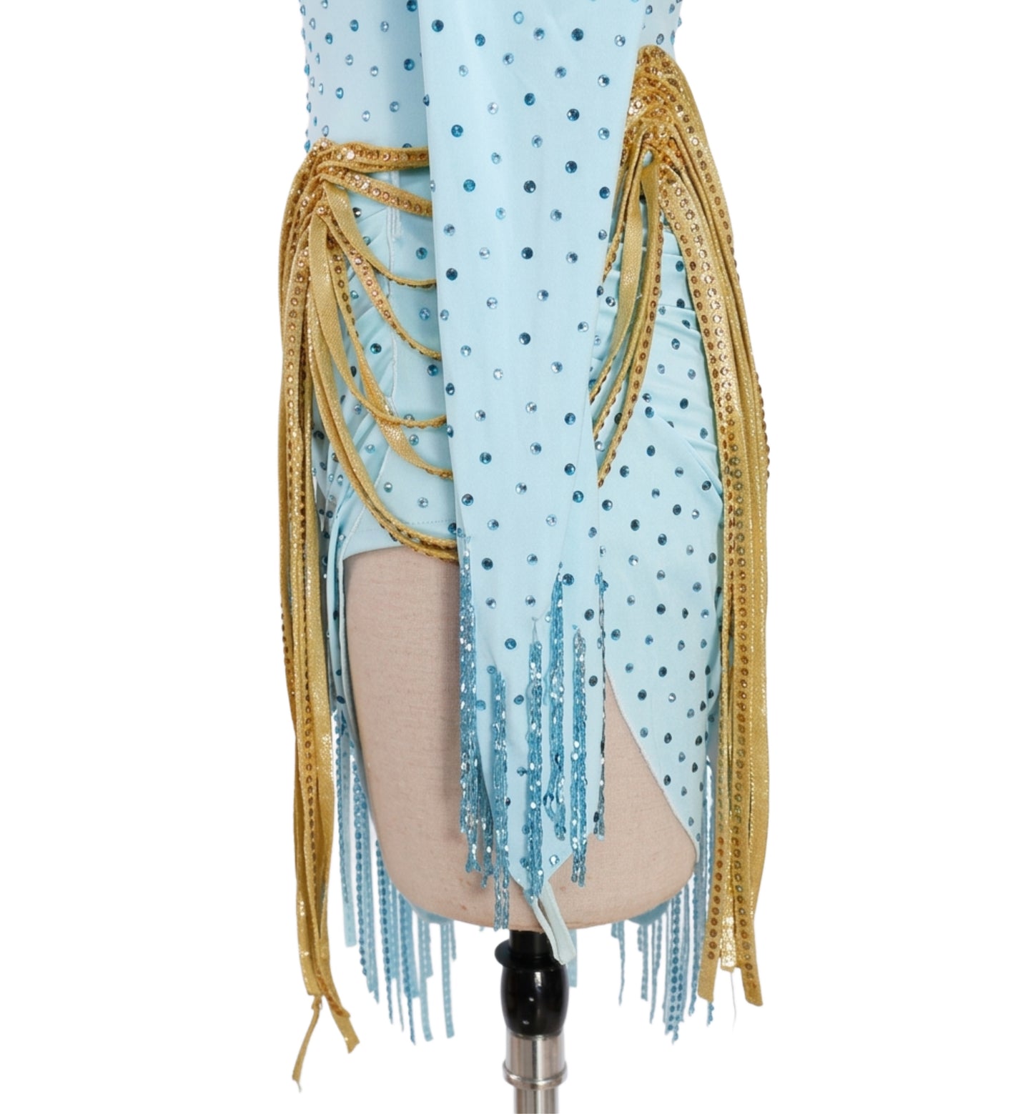 ByCharme Sky Blue Gold Fringes Latin Salsa Competition Dress - BCL-0151