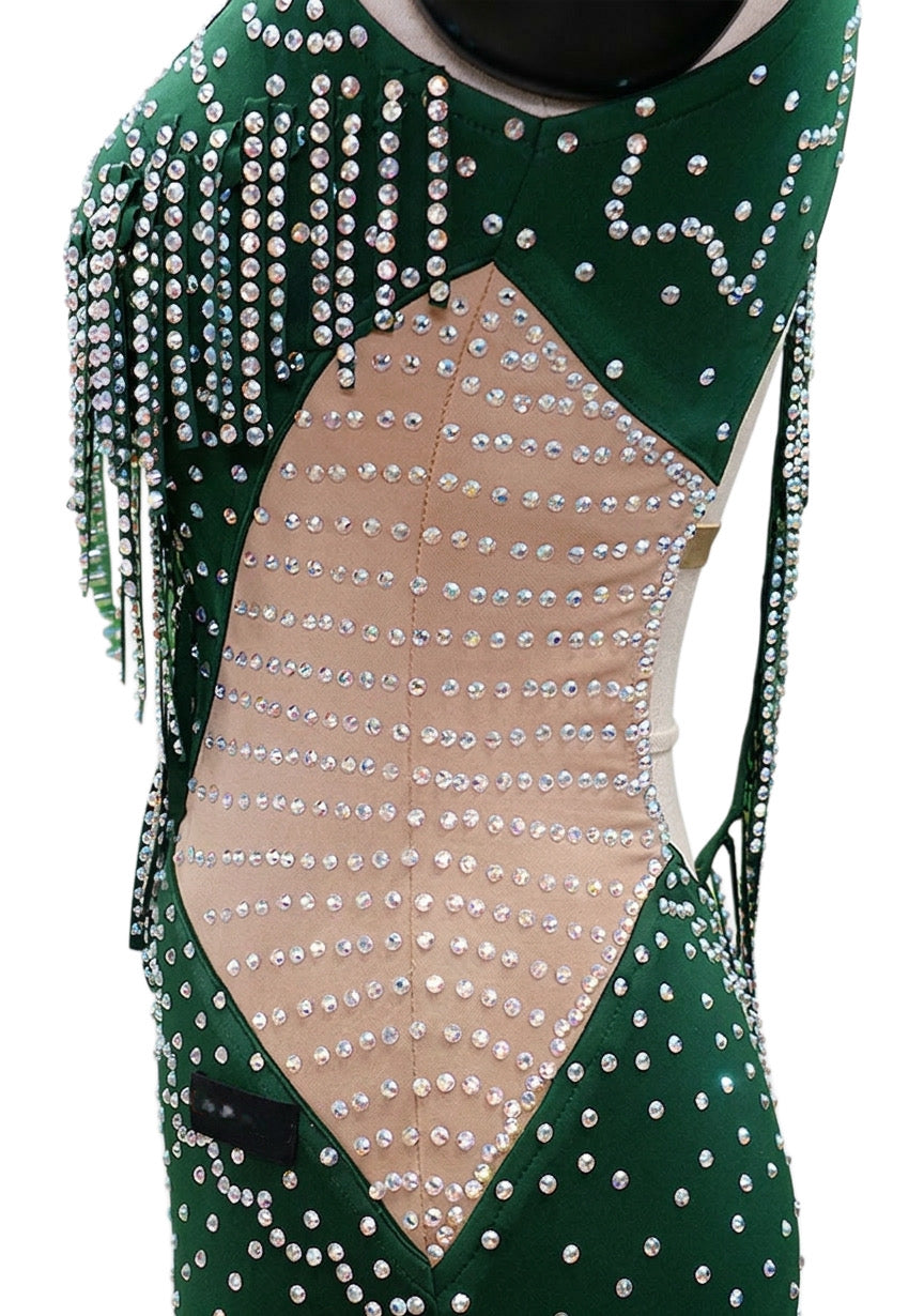 ByCharme Dark Green Silver Tan Fringes Latin Salsa Competition Dress - BCL-0152
