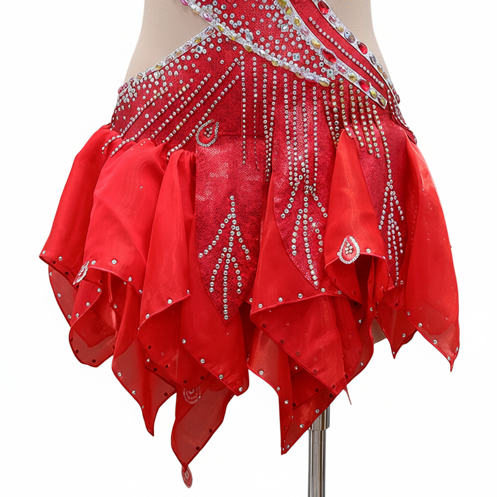 ByCharme Red Silver Tan Chiffon Latin Salsa Competition Dress - BCL-0089