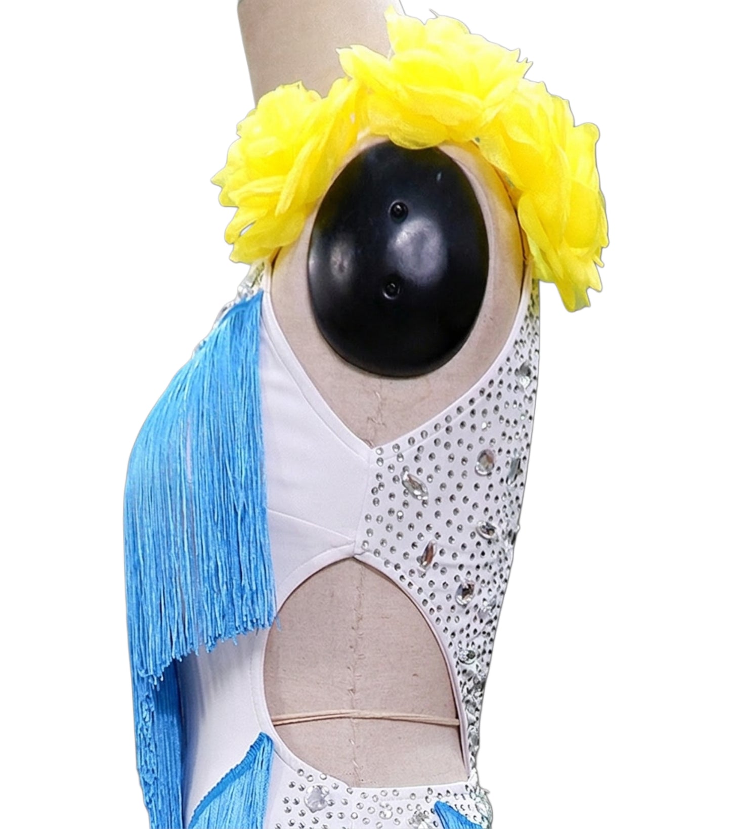 ByCharme White Brown Blue Fringes Latin Salsa Competition Dress - BCL-0168