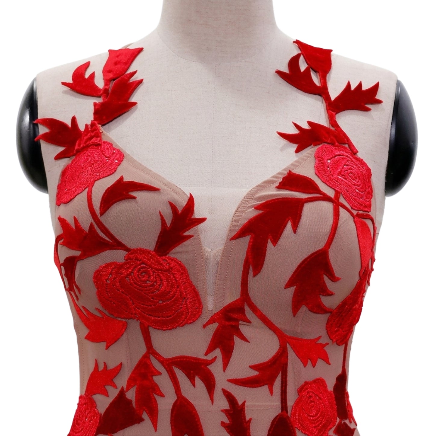 ByCharme Bright Red Light Brown Velvet Flowers Latin Salsa Competition Dress - BCL-0181