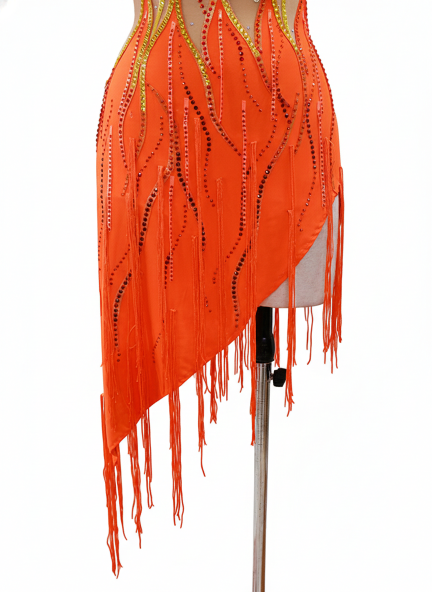 ByCharme Orange Gold Tan Chiffon Latin Salsa Competition Dress - BCL-0080