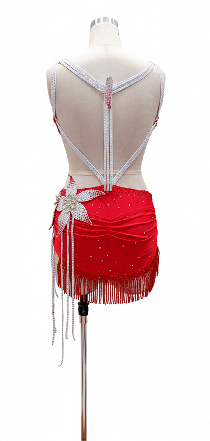 ByCharme Red Silver Tan Fringes Latin Salsa Competition Dress - BCL-0081