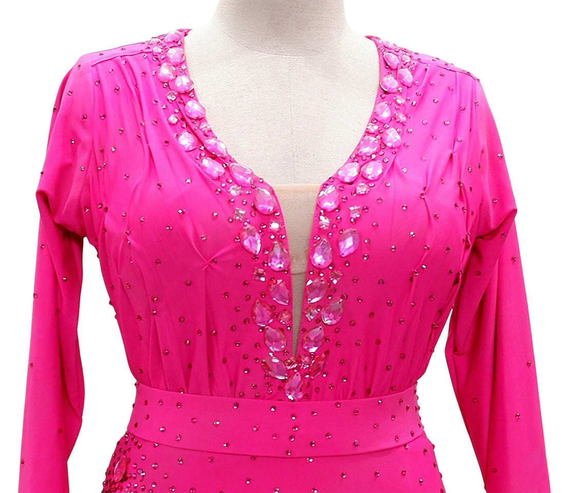 ByCharme Neon Pink Rhinestones Latin Salsa Competition Dress - BCL-0153