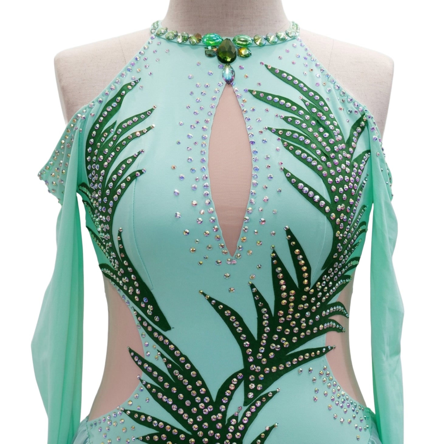 ByCharme Aquamarine Dark Green Tan Latin Salsa Competition Dress - BCL-0157
