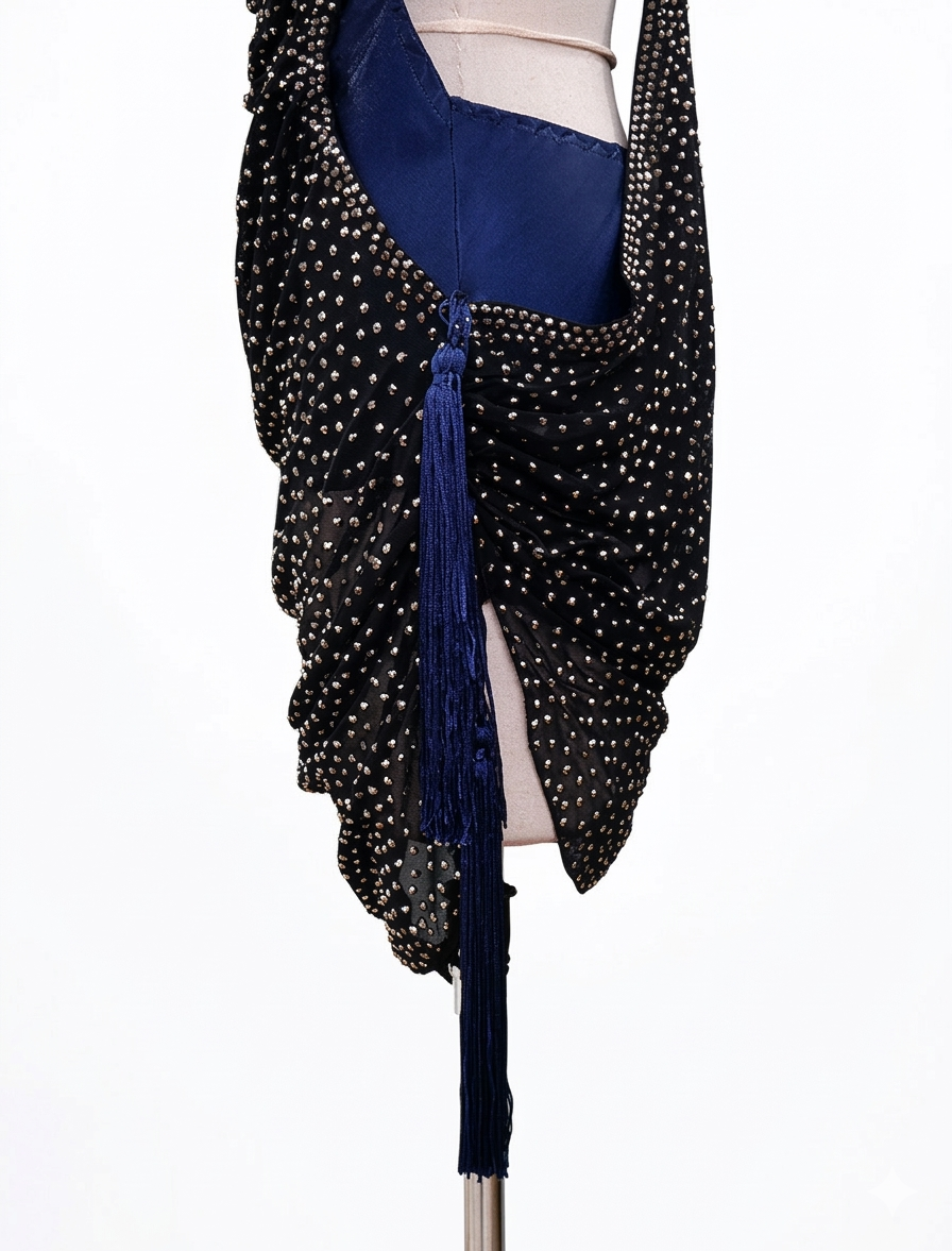 ByCharme Black Navy Blue Rhinestones Latin Salsa Competition Dress - BCL-0189