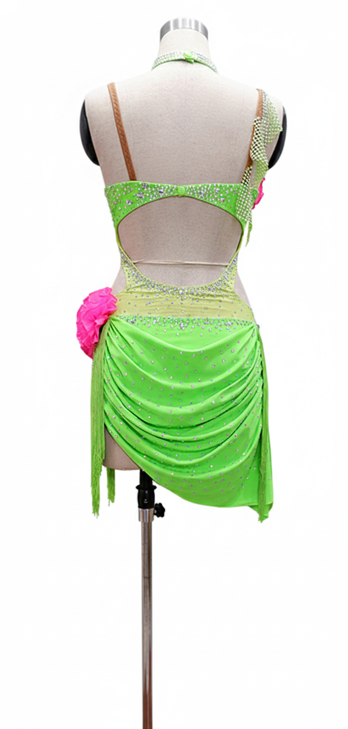 ByCharme Green Pink Chiffon Latin Salsa Competition Dress - BCL-0029