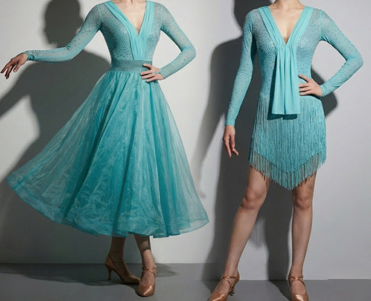 ByCharme Blue Fringes Latin Salsa Competition 2 in 1 Dress - BC2-0001