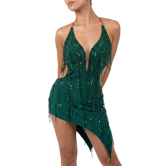 (Copy) (Copy) (Copy) ByCharme Medium Blue Silver Fringes Latin Salsa Competition Dress - BCL-0097