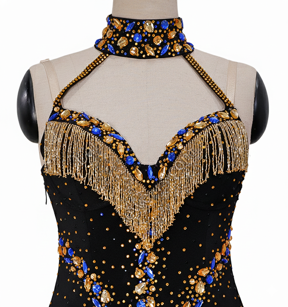 ByCharme Black Blue Gold Fringes Latin Salsa Competition Dress - BCL-0001