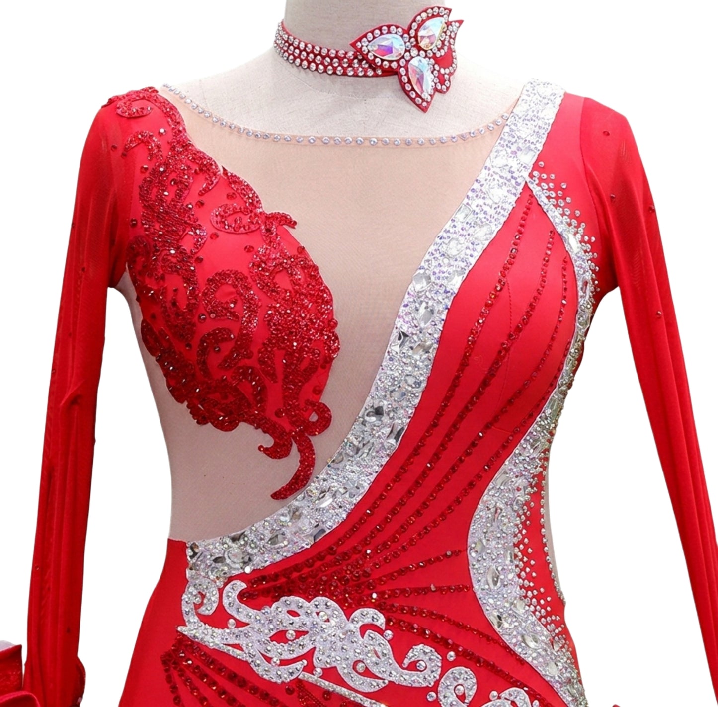 ByCharme Bright Red Feather Ballroom Competition Dress - BC-0021