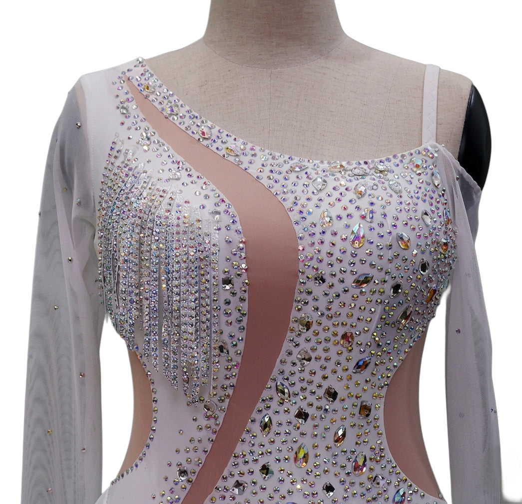 ByCharme White Light Brown Chiffon Fringes Latin Salsa Competition Dress - BCL-0183