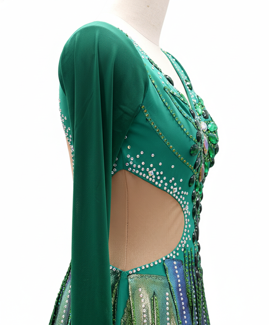ByCharme Sea Green Brown Chiffon Latin Salsa Competition Dress - BCL-0070