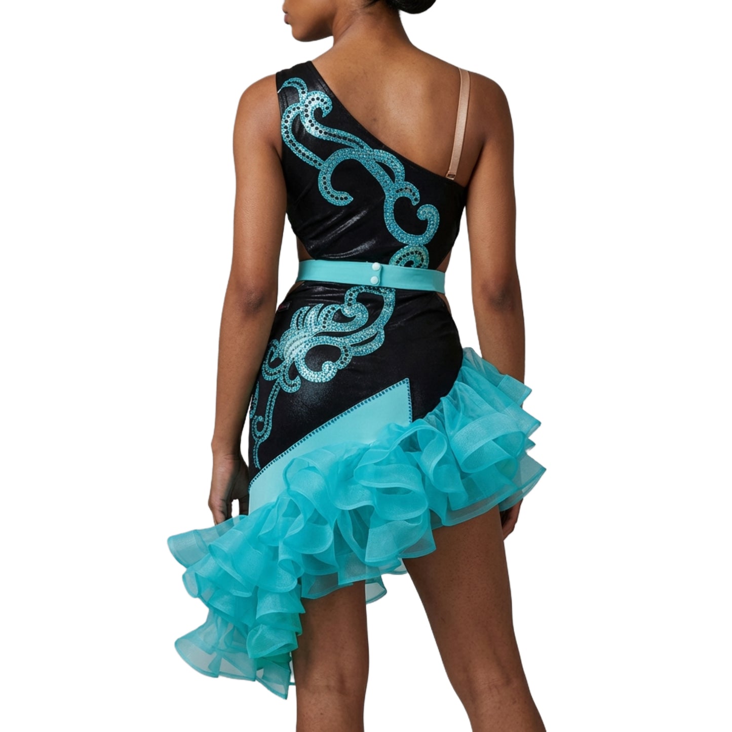 ByCharme Black Cyan Blue Fringes Latin Salsa Competition Dress - BCL-0188