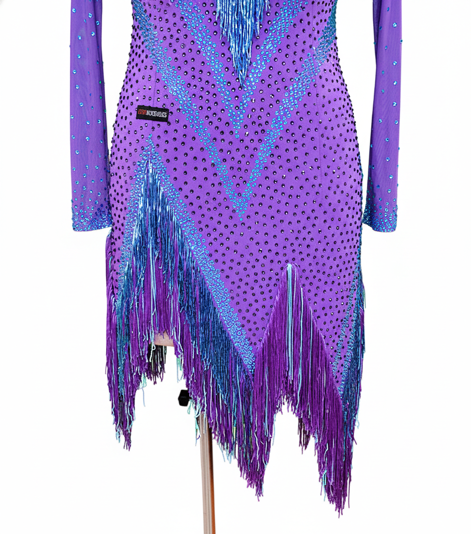 ByCharme Purple Blue Brown Fringes Latin Salsa Competition Dress - BCL-0061