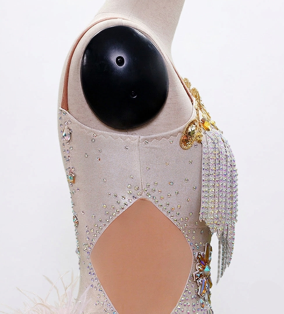 ByCharme Silver Pink Gold Feathers Latin Salsa Competition Dress - BCL-0158