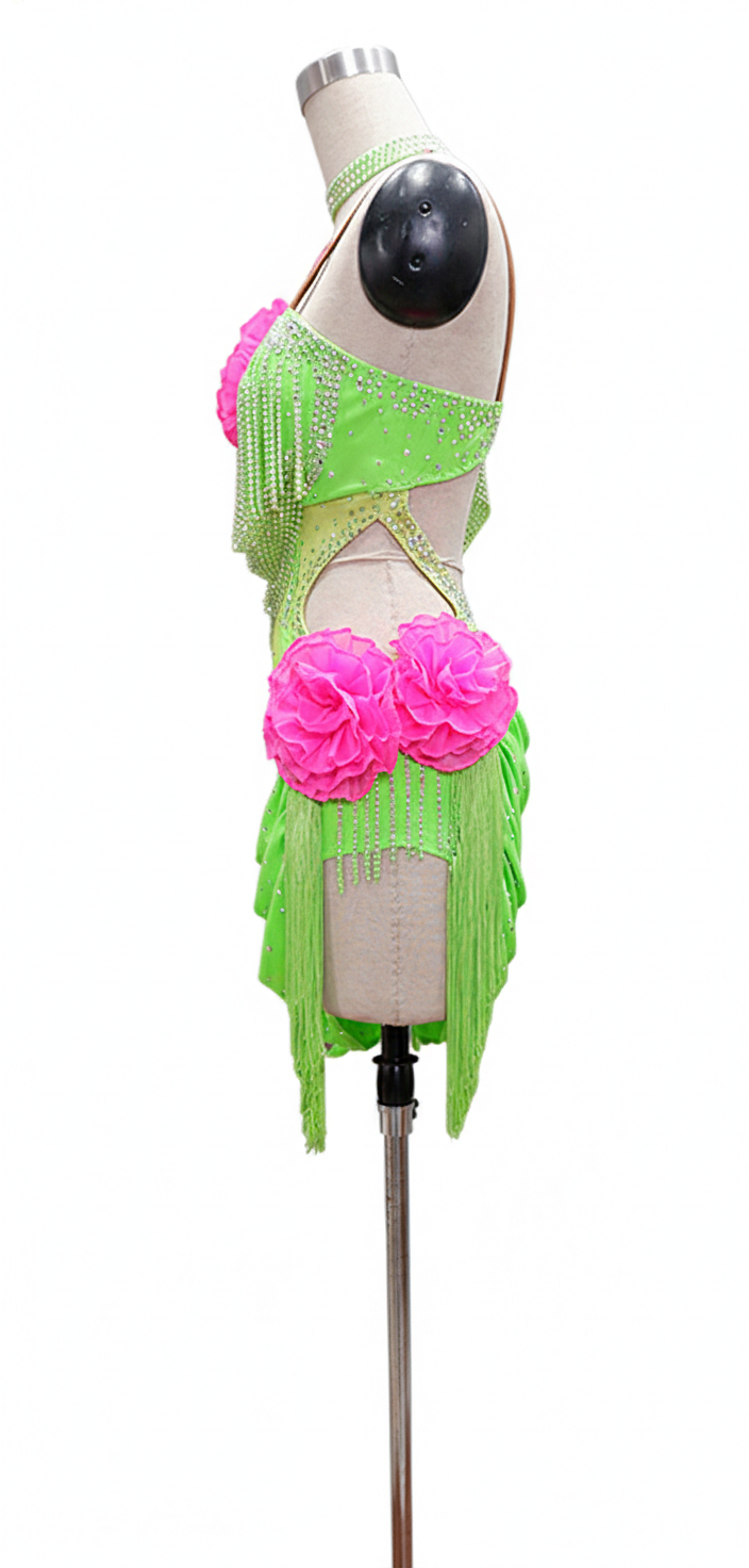 ByCharme Green Pink Chiffon Latin Salsa Competition Dress - BCL-0029