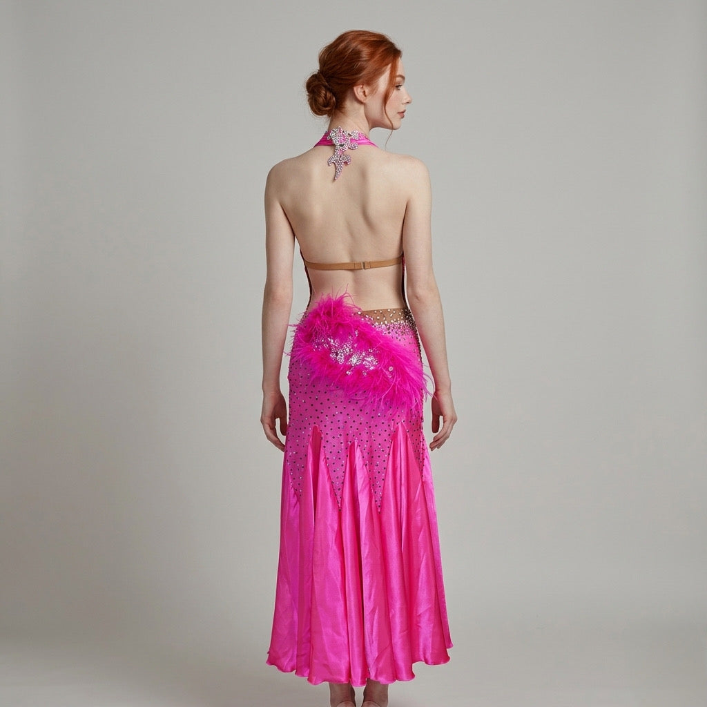 ByCharme Neon Pink Feather Ballroom Competition Dress - BC-0220