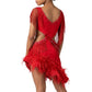ByCharme Bright Red Tan Feather Latin Salsa Competition Dress - BCL-0105