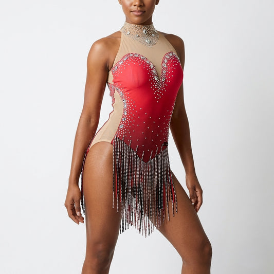 ByCharme Bright Red Black Silver Fringes Latin Salsa Competition Dress - BCL-0179