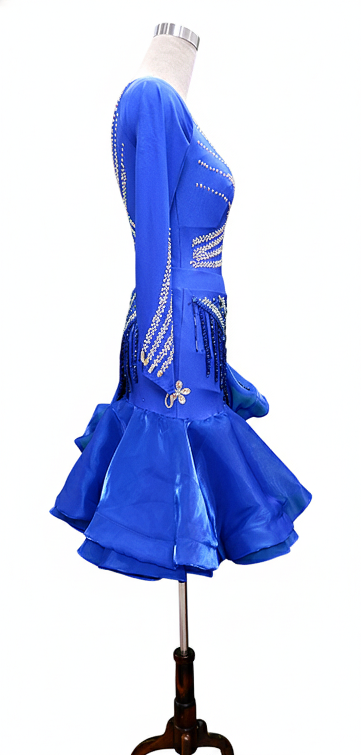 ByCharme Blue Silver Sequined Fringes Latin Salsa Competition Dress - BCL-0002