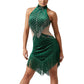 ByCharme Dark Green Silver Tan Fringes Latin Salsa Competition Dress - BCL-0152