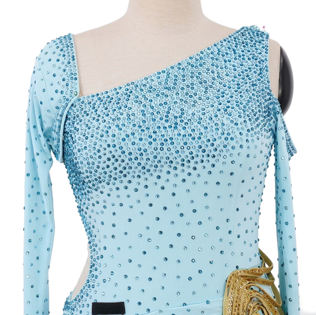 ByCharme Sky Blue Gold Fringes Latin Salsa Competition Dress - BCL-0151