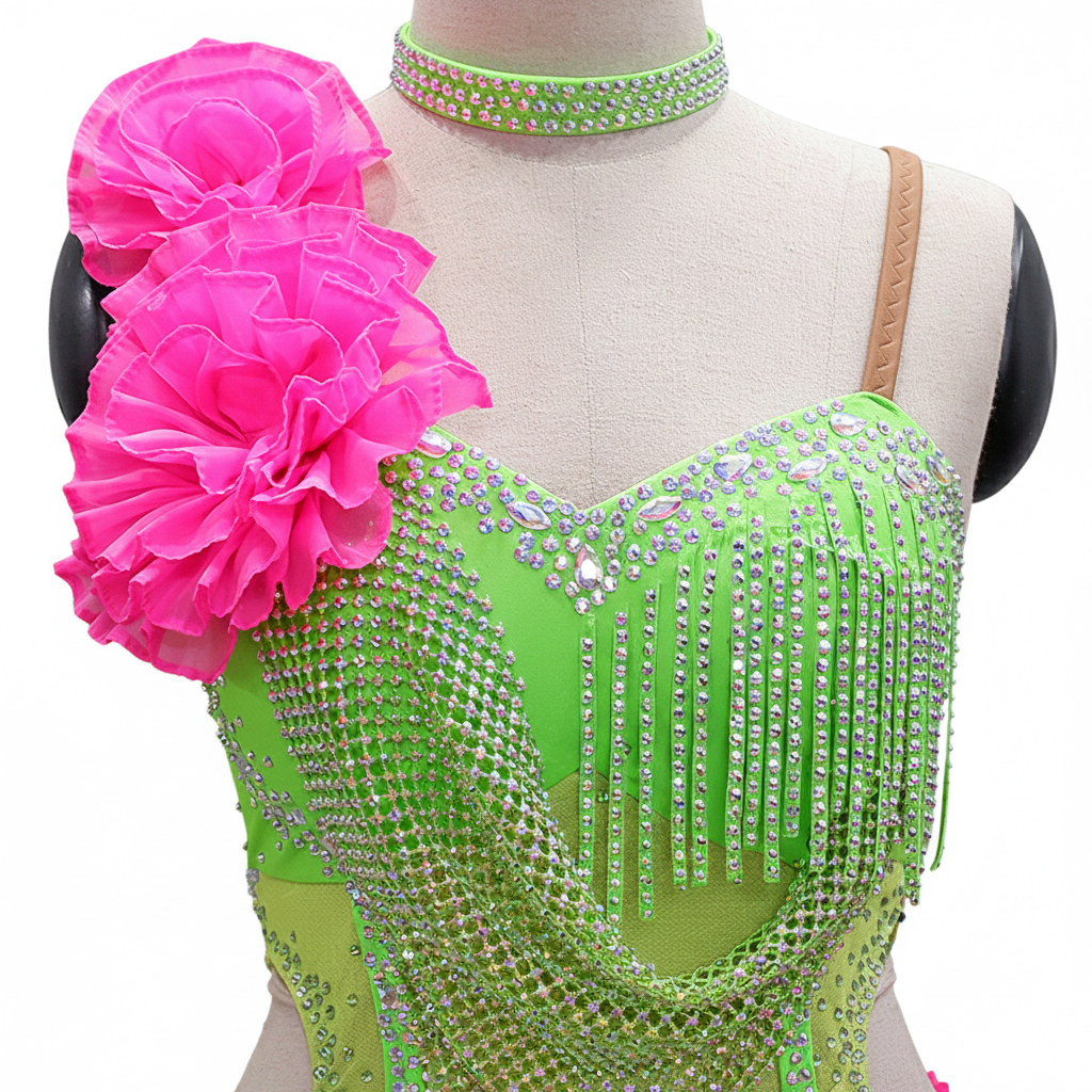 ByCharme Green Pink Chiffon Latin Salsa Competition Dress - BCL-0029
