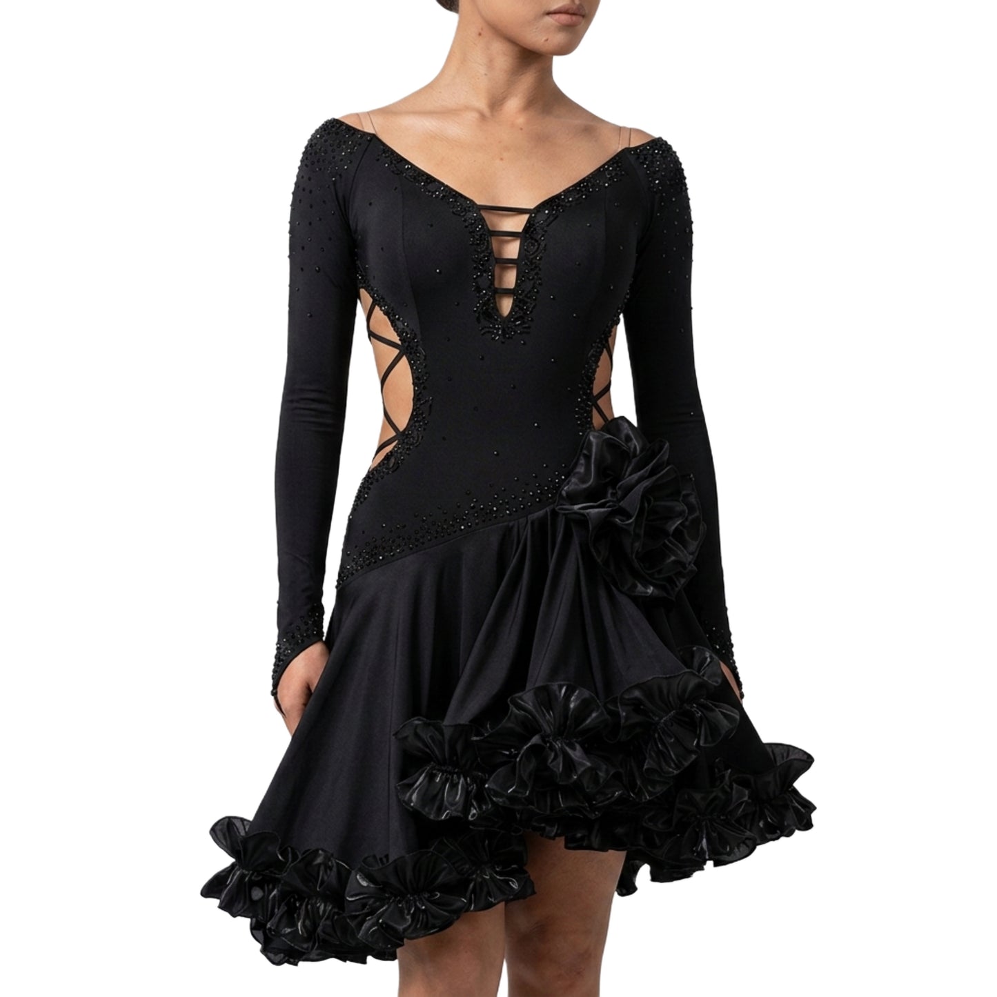 ByCharme Black Tan Chiffon Latin Salsa Competition Dress - BCL-0003