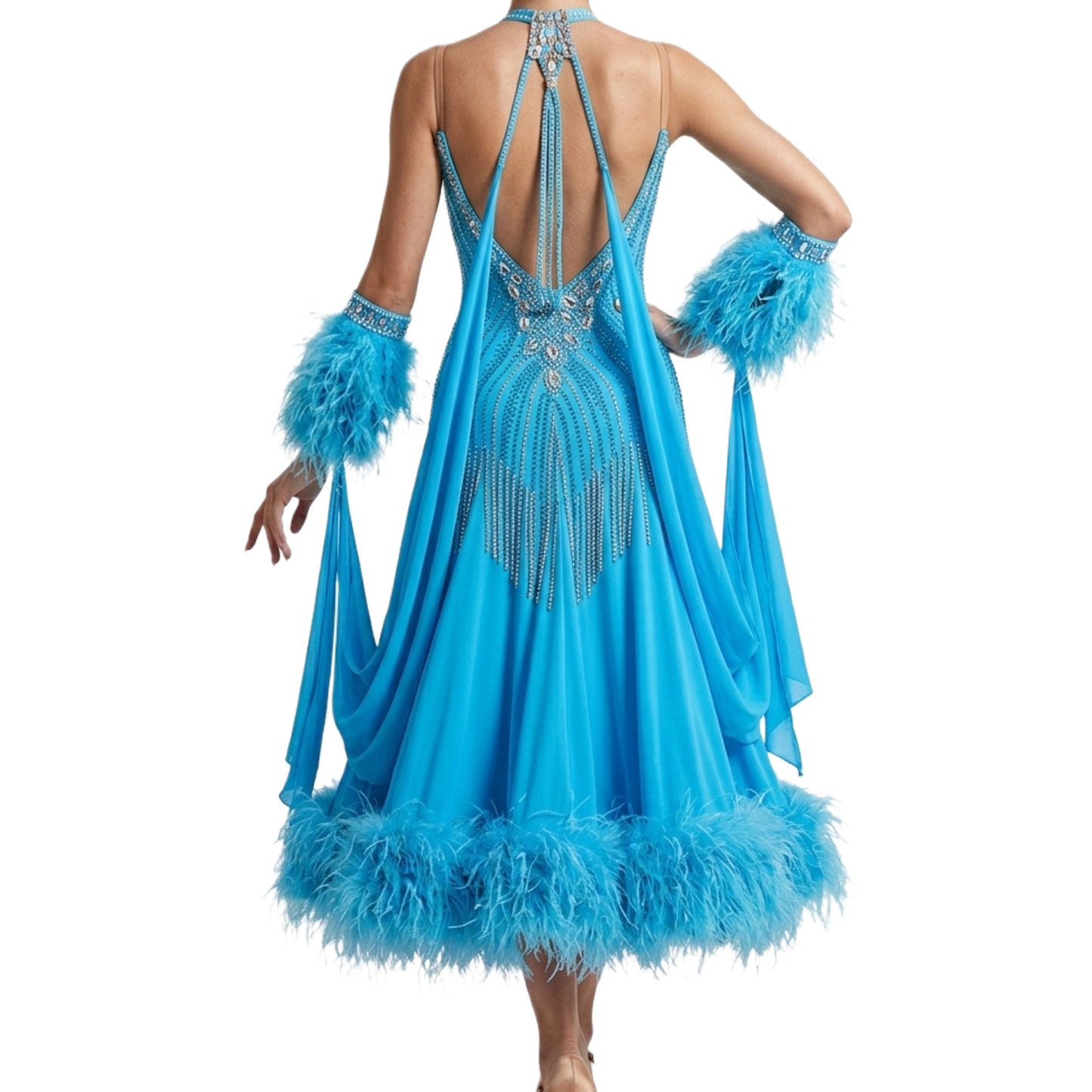 ByCharme Deep Sky Blue Feather Ballroom Competition Dress - BC-0018