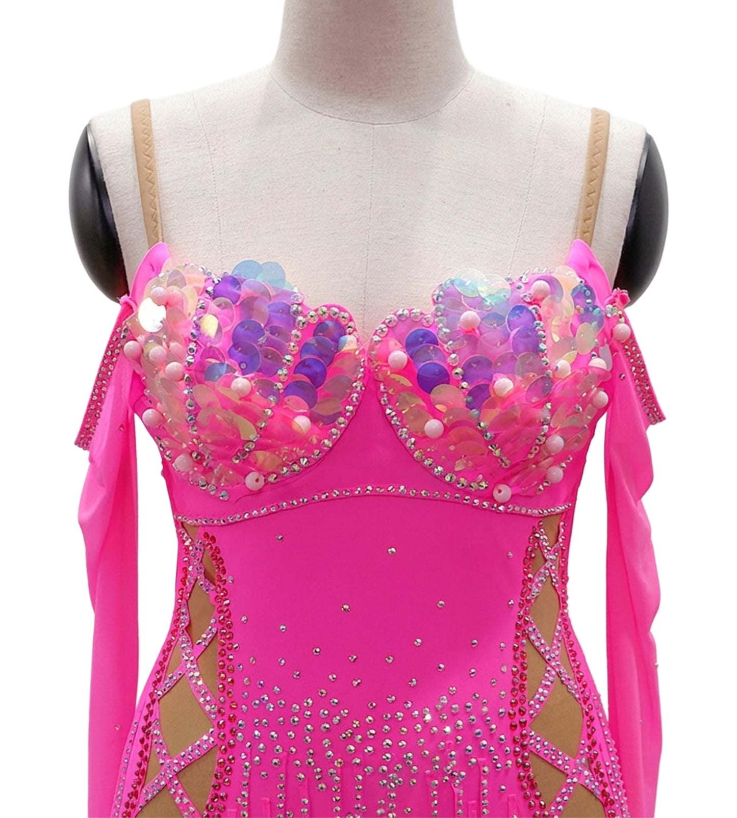 ByCharme Neon Magenta Tan Fringes Latin Salsa Competition Dress - BCL-0135