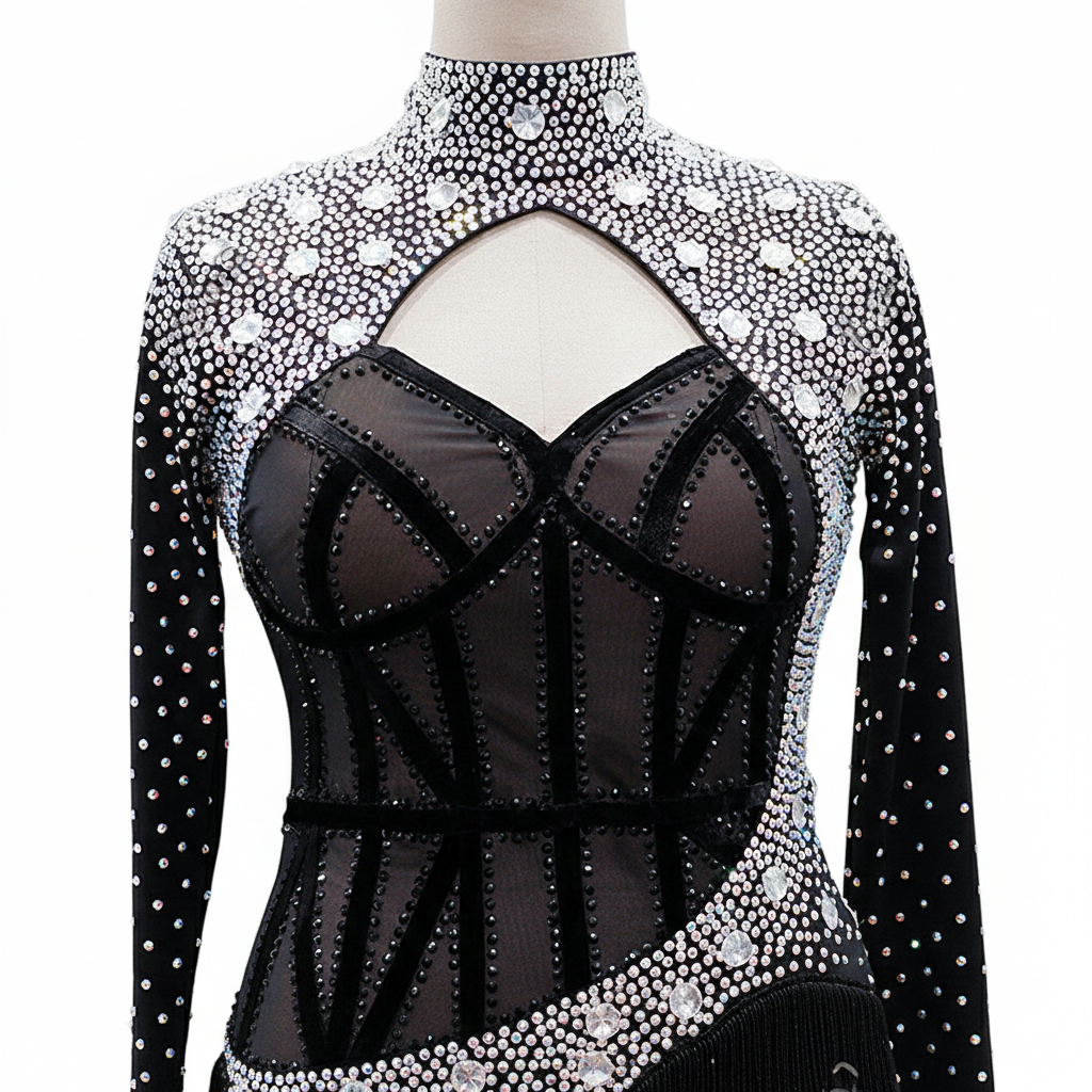 ByCharme Black Silver Tan Velvet Latin Salsa Competition Dress - BCL-0077