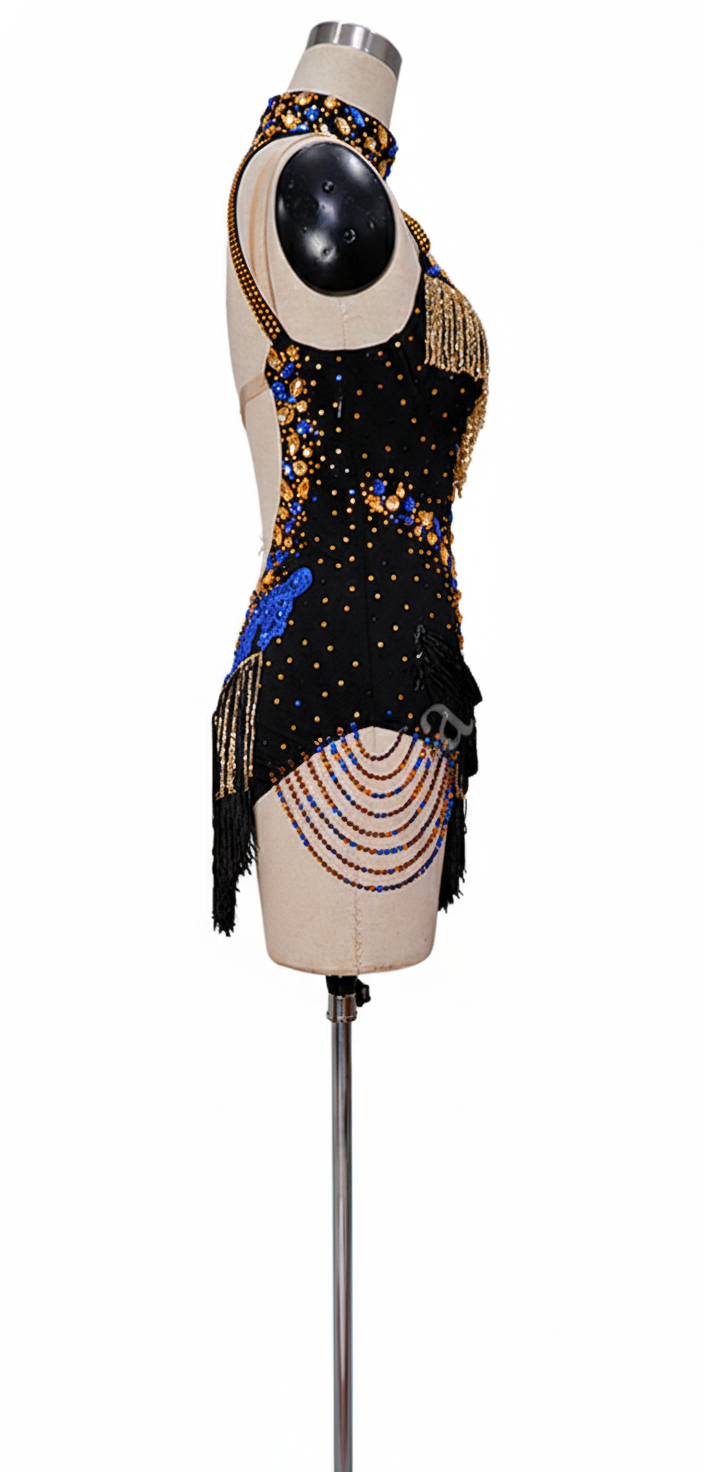 ByCharme Black Blue Gold Fringes Latin Salsa Competition Dress - BCL-0001