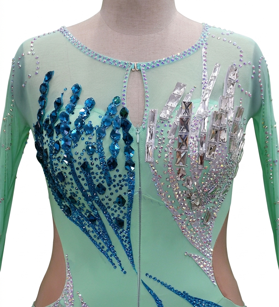 ByCharme Aquamarine Feather Ballroom Competition Dress - BC-0060