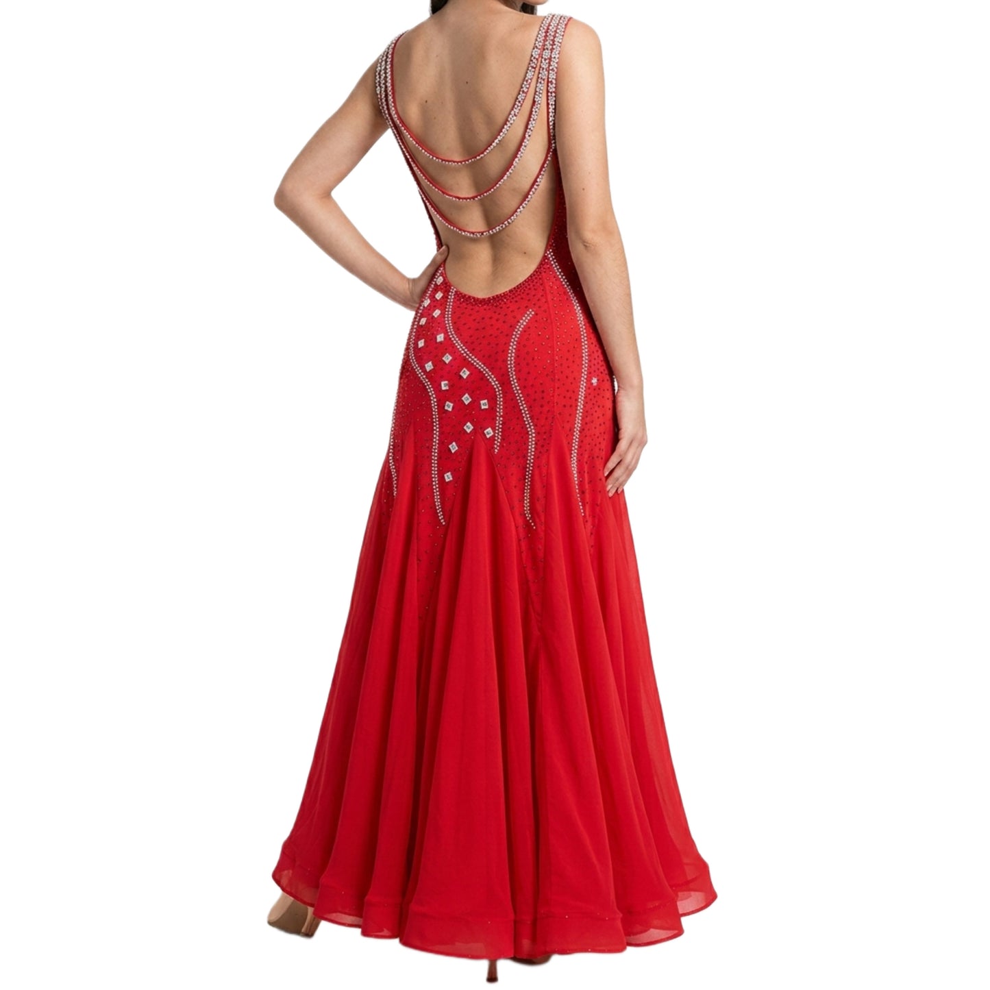 ByCharme Bright Red Chiffon Ballroom Competition Dress - BC-0019