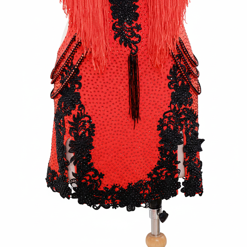 ByCharme Red Black Brown Fringes Latin Salsa Competition Dress - BCL-0059
